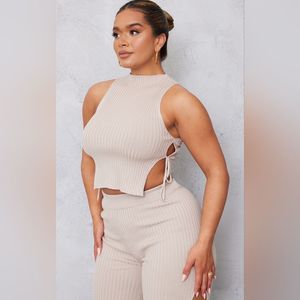 PrettyLittleThing Beige Rib Knit Side Tie Crop Top